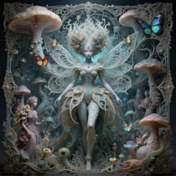 a pixie queen in her 3 d bioluminescent radically alive world of fungal fractals and butterflies, intricate mycelial lace, fractalpunk, rococo, ultra detailed, intricate details, ornate, hyperrealistic, octane render, inspired by ross tran & brian froud & james jean & android jones & william morris & ernst haeckel & alphonse mucha