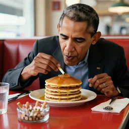 barack obama eating a stack of pancakes in a diner with an ashtray full of cigarettes on the table