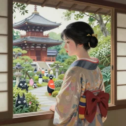 noriyoshi ohrai painting of a beautiful girl in japan, looking out a window at a temple garden filled with yokai and spirits, uhd, high detail,