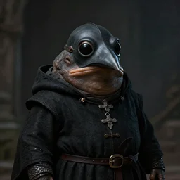 a portrait, a plump amphibious humanoid wearing a pointy bird style black plague doctor mask, short in stature, wearing black medieval robes, medical doctor, medieval, style by donato giancola, wayne reynolds, jeff easley dramatic light, high detail, cinematic lighting, artstation, dungeons and dragons