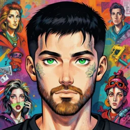 beautiful anime of bold head with short cut beard and green eyes, no hairs, by sherree valentine daines, peter mohrbacher, alice neel, donato giancola, mike winkelmann, laurie greasley. trending on artstation, 8 k, masterpiece, graffiti, fine detail, full of color, intricate detail, golden ratio illustration, face detail