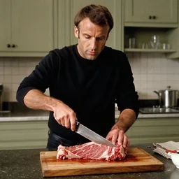 Emmanuel Macron cooking fresh bloody meat in American Psycho (1999)