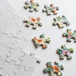 Pieces of a jigsaw puzzle scattered over a surface. The drawing on the pieces forms a floral pattern