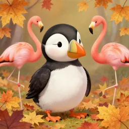 anthropomorphic puffin surrounded by fall leaves and flamingos by hannah yata and kay sage, detailed, artstation