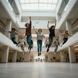 mysterious photograph of people levitating in a large atrium