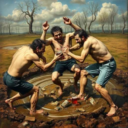 3 drunks fall over mud - wrestling,, where's wally, oil painted ( ( ( ( ( ( by salvador dali ) ) ) ) ) )