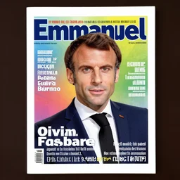 colorful Cover of Emmanuel Macron magazine, white borders, 50mm photography, high quality, 4K