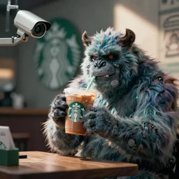 a monster caught on cctv camera drinking at starbucks, blurry, photo realistic