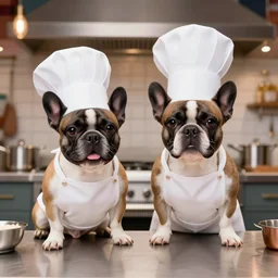 a 8k highly detailed still photo by David Bailey of Two multi-colored French Bulldogs in chef hats and aprons starring on a cooking show, a high end kitchen in the background, bokeh