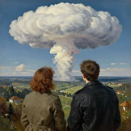 couple watching mushroom cloud, part by norman rockwell, part by greg rutkowski, part by mattias adolfsson, high angle, ( ( ( ( volumetric lighting ) ) ) ), oil on canvas