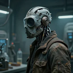 a half - masked rugged laboratory engineer man with cybernetic enhancements as seen from a distance, in a laboratory, scifi character portrait by greg rutkowski, esuthio, craig mullins, 1 / 4 headshot, cinematic lighting, dystopian scifi gear, gloomy, profile picture, mechanical, cyborg, half robot, implants, dieselpunk