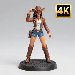 80mm resin detailed miniature of a cow-girl, Short brown leather jacket, white shirts, hot-pants, ten-gallon hat, over-knee boots, Navel, Thigh Skin, Standing with legs open on textured disc base; Miniature product Introduction Photos, Logo, 4K, Full body; Front view