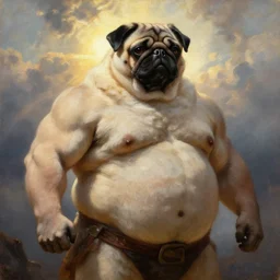 oversized pug as muscular barbarian , strong sun backlight sunrays  body , extreme very textured detailed portrait oil painting by rembrandt,   dramatic clouds and  atmosphere