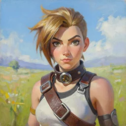 oil painting of tracer overwatch in a field wearing large leather belt choker collar around neck, in style of mark arian, expressive face, detailed face, detailed eyes, full body, feminine face, tracer overwatch,