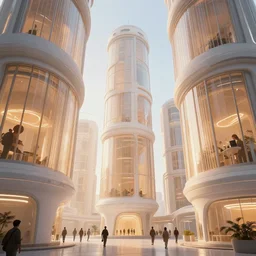 the inside of a very tall building, big pods, big windows, octane render, warm color, white, cyberpunk style architecture, cinematic, scenery, cgsociety, modernism, futuristic, trending on artstation, sci - fi, high detail, high quality, close up angle, people walking