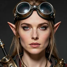 head and shoulders portrait, female artificer, gray eyes, welding goggles on forehead, emily blunt natalie portman hybrid, elf, d & d, steampunk, by artgerm, facial detail, extremely detailed, comic book cover photo