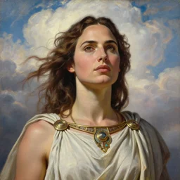 head and shoulders masterpiece portrait oil painting of the beautiful goddess gal gadot as atenea, she is wearing roman clothes and a surreal jewelry, her hair is natural disheveled, she is approaching heaven over the clouds, naturalism, dramatic lighting, high - detailed oil painting by dan hillier, trending on artsation, hystorical painting, naturalism, masterpiece, 4 k, 8 k,