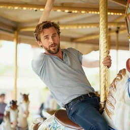 ryan gosling hanging from a carousel looking into the camera