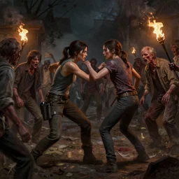 a still of The Last Of Us II of Ellie fighting with zombies and painted by  Edwin Landseer ( 1837 ),  night scene with fire torches.