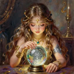 a portrait of girl fortuneteller sitting on a table, crystal ball, gold bracelets, gold necklace, silver magic, fantasy, dungeons and dragons, an ultrafine detailed painting, chibi, detailed painting, boris valejo. octopath traveler decal!!!