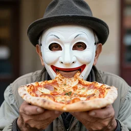 close - up portrait of a wrinkled old man wearing a pulcinella mask holding up a pizza!! to behold, clear eyes looking into camera, baggy clothing and hat, masterpiece photo by eolo perfido