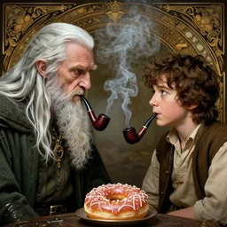 close up portrait gendalf and bilbo, hobbit movie, sit face to face, smoke pipes and send fog donuts, cinematic, poster, deep focus, d & d, fantasy, intricate, elegant, highly detailed, digital painting, artstation, concept art, matte, sharp focus, illustration, hearthstone, art by artgerm and greg rutkowski and alphonse mucha