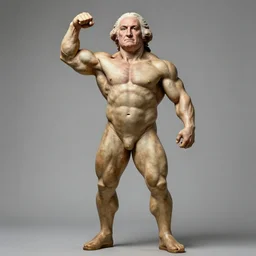 still of George Washington posing st Mr. Olympia, full body shot, hyperrealistic, high quality, extremely detailed, face details, powerful, sharp focus, real person