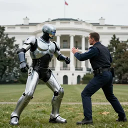 an accurate and detailed hyper realistic photo photograph of robocop attacking the white house in washington dc,