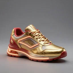 realistic 3 d render of a futuristic sneaker, beautiful studio lighting, soft, sharp focus, neon glowing lines, intricate detail, gold and red leather, soft white rubber, shiny plastic, hexagon mesh, gold filigree, octane render, side view, close up, trending on artstation, deviantart, nike, adidas, reebok, salomon