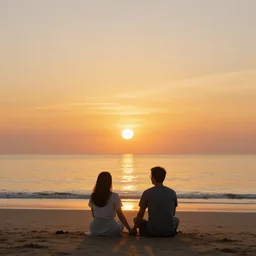 Sunset at the beach, golden hour, majestic painting, couple sitting facing the sunset, holding hands