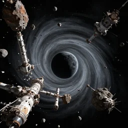 huge chunks of space debris, ancient space station, space constructions and asteroid stations revolving around compact black hole forming a tilted vortex in black starless space, octane render