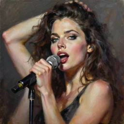 highly detailed expressionist oil painting of female singer from drama movie, intricate, fictional character, dynamic pose, top lighting, realistic shaded, expressively loose brush strokes, perfect face, 8 k realistic, hyper detailed, digital painting, artstation, concept art, hyper detailed eyes, top lighting, art by norman rockwell