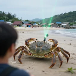 blurry dof shoulder shot of a gigantic crab crawling towards village near a beach and [ laser ] [ turret ] [ attached ] to top of crab, xf iq 4 f 5. 6 iso 2 0 0
