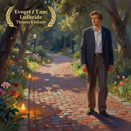 beautiful digital painting of a brick cobblestone path with small candles along the pathway and flowers by Evgeny Lushpin and Thomas Kinkade