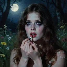 a beautiful but sinister and creepy woman in layers of fear, with haunted eyes, violence in her eyes, putting on lipgloss, 1 9 7 0 s, seventies, delicate embellishments, a little blood, woodland, moonlight shining on wildflowers, painterly, offset printing technique, by mary jane ansell