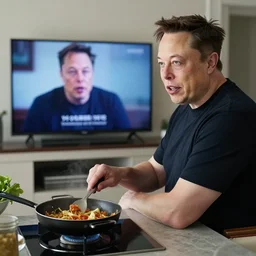 picture of elon musk watching tv while cooking a meal, good lighted photo, sharp details, detailed, hd, hdr