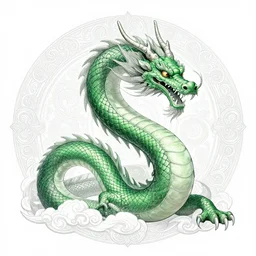 a full - body green chinese dragondragon head + snake body + dragon scale, wisdom, good and evil, scrollwork + white ink + magical + detailed intricate + heraldic design + epic + by peter mohrbacher and kentaro miura + high details, in the style of jean delville, artstation, 8 k, tarmo juhola, ivan laliashvili, james gurney, moebius, roger dean, wlop, victo ngai, 4 k, cinematic