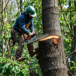 a worker cutting down a tree with a chainsaw.