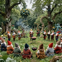 a beatiful dwarven festival in 1974 in a fertile green park with surreal elven nature, a gnome rock band concert and dwarven BBQ