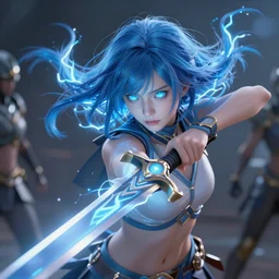the girl's blue hair dances with electricity, her eyes glowing with untold amount of power, her sword a blade made of light. she gazed upon the horde of monster in front of her fearlessly, with the elegance of a true knight, digital art