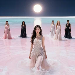 lee jin - eun in luxurious dress emerging from pink and turquoise water in salar de uyuni with the ground reflecting the eclipse by takato yamamoto, nicola samuri, conrad roset, m. k. kaluta, martine johanna, rule of thirds, elegant look, beautiful, chic, face anatomy, cute complexion