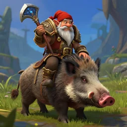 World of Warcraft screenshot of a gnome sitting on a wild boar