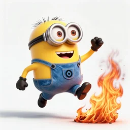 Minion jumping into a fire, high quality mastercraft digital painting, impossible detail, hyper realistic, sharp, Official artwork, key art , sharp, 4k, ultrahd, virtuosic level detail, gorgeous lighting