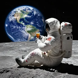 an astronaut sitting on the moon with a drink watching the earth