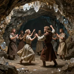 medieval people dancing in a cave, there are crystals on the ceiling and on the ground, matte painting, 4k, very detailed
