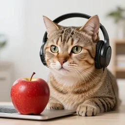 cat with apple beat headset