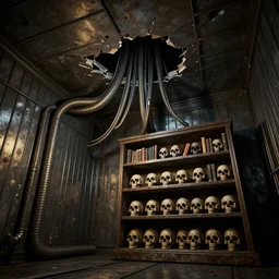 creepy low angle shot of a realistically rendered metal room with tubes and cables coming out of a hole in the broken ceiling and a bookshelf filled with skulls on the back wall, dramatic lighting, moody lighting, dark colors, golden ratio, rule of thirds, environmental design, cinematic perspective, 8 k, realistic lighting, realistic shading, octane render