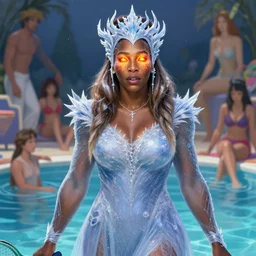 serena williams as a beautiful ancient! frost witch, fire in eye, snow glow, pool party, highly detailed, digital painting, artstation, sharp focus, illustration, art by tan zi and ayanamikodon and alphonse mucha and wlop