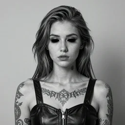 Hot young woman with grey skin, void eyeballs, tattoos, and wearing leather ~n 10