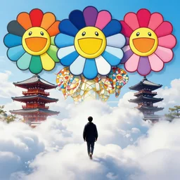 a man walking on clouds away from the camera above kyoto by takashi murakami, beeple and james jean, aya takano color style, 4 k, super detailed, modern, 4 k, symmetrical